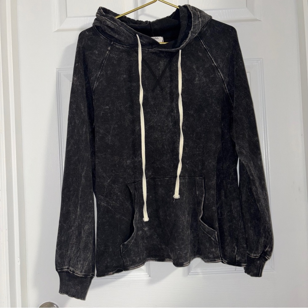 Zenana hoodie black/charcoal acid wash cream ties mild flare hem like-new